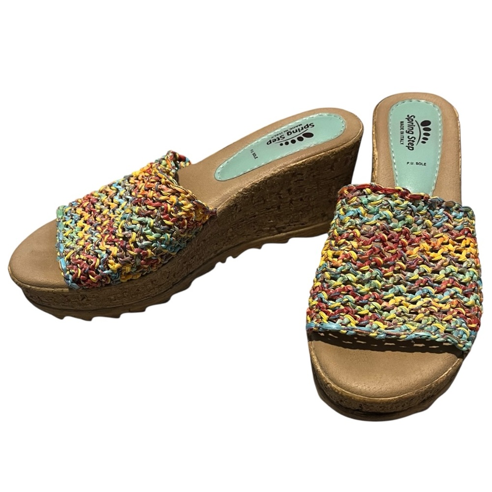 Spring Step Italian Woven Slide Wedge Sandals Size 39 Multicolor Strap Cork Boho